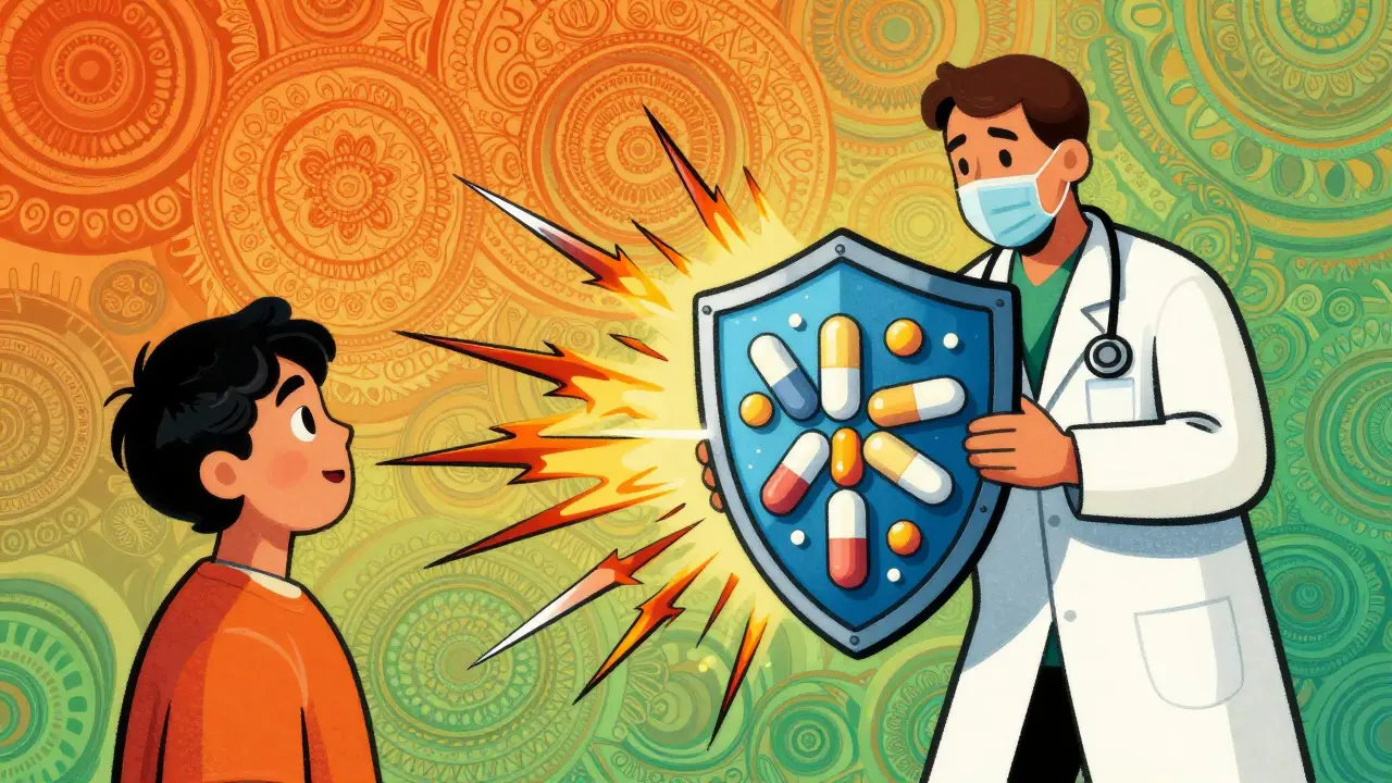 Doctor shielding patient with medicine shield from acid shards