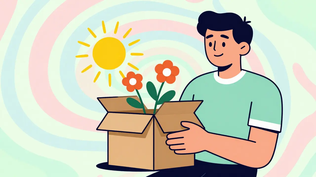 Happy person opening discreet package with symbolic healing rays and flowers