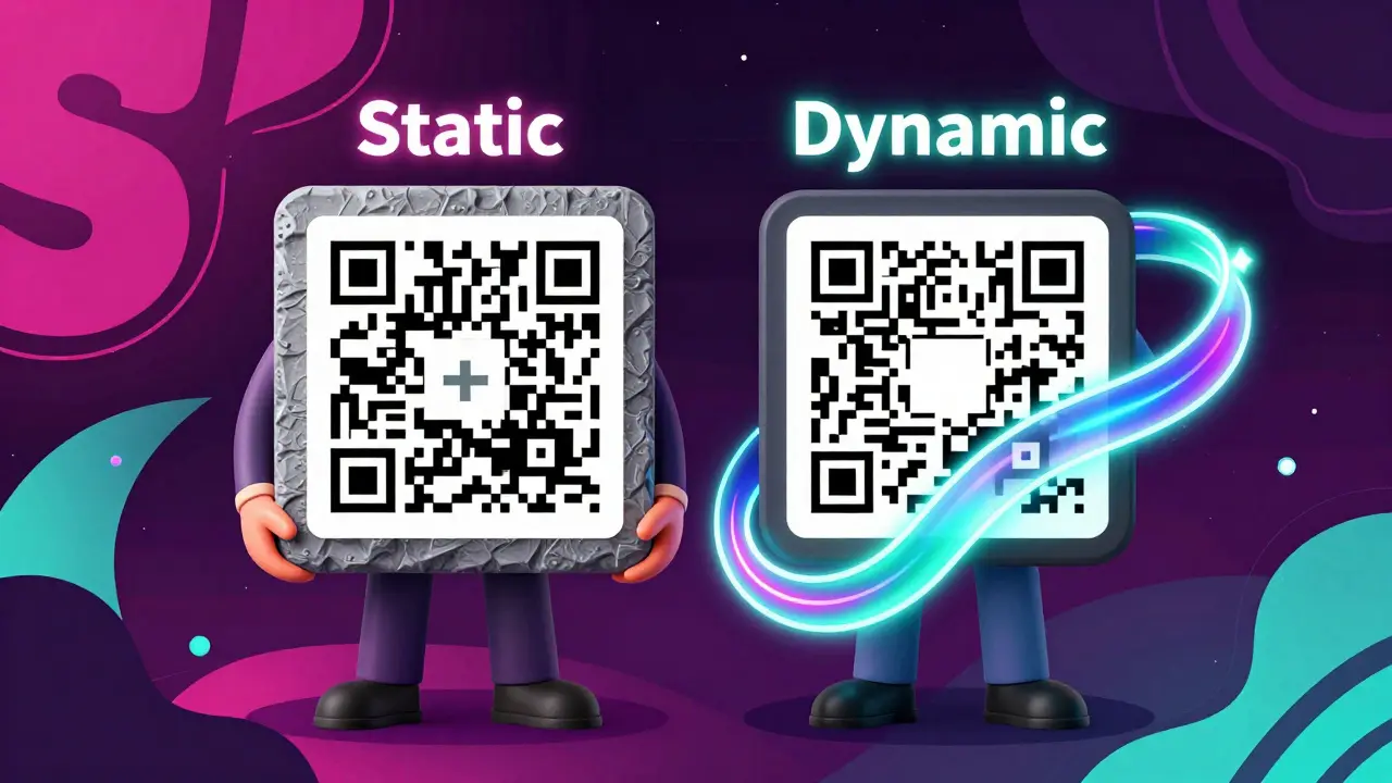 Illustration comparing static stone vs dynamic neon QR codes