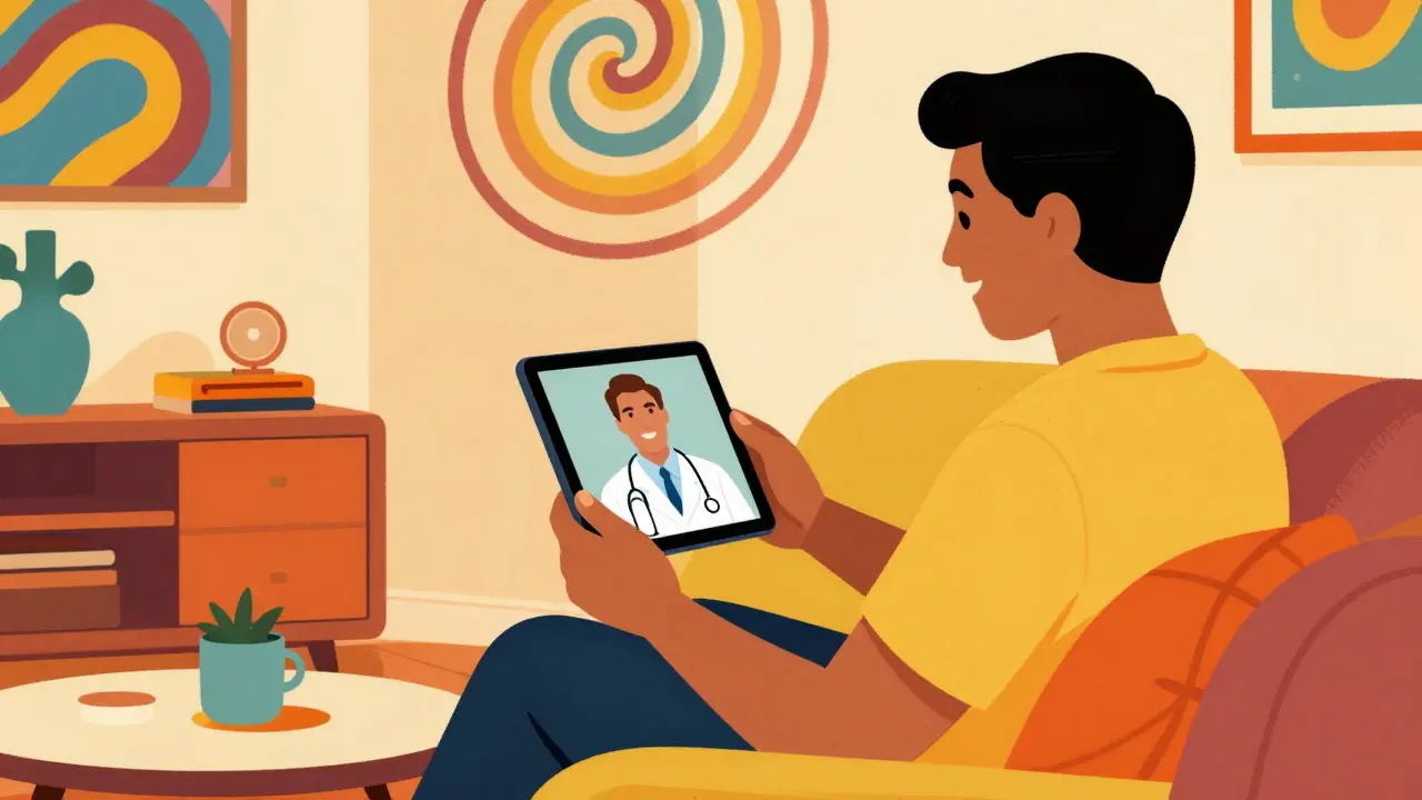 Patient using tablet for telehealth doctor consultation in vibrant retro art.
