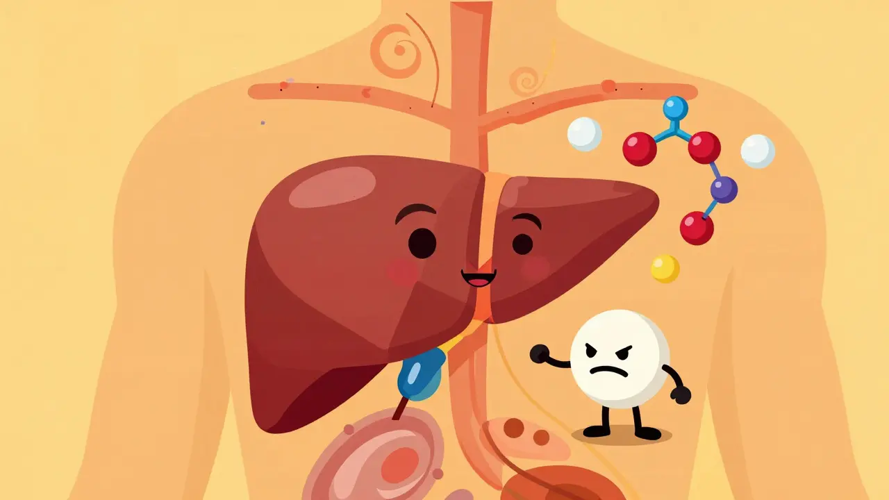 Psychedelic illustration of liver enzyme blocked by antibiotic drug