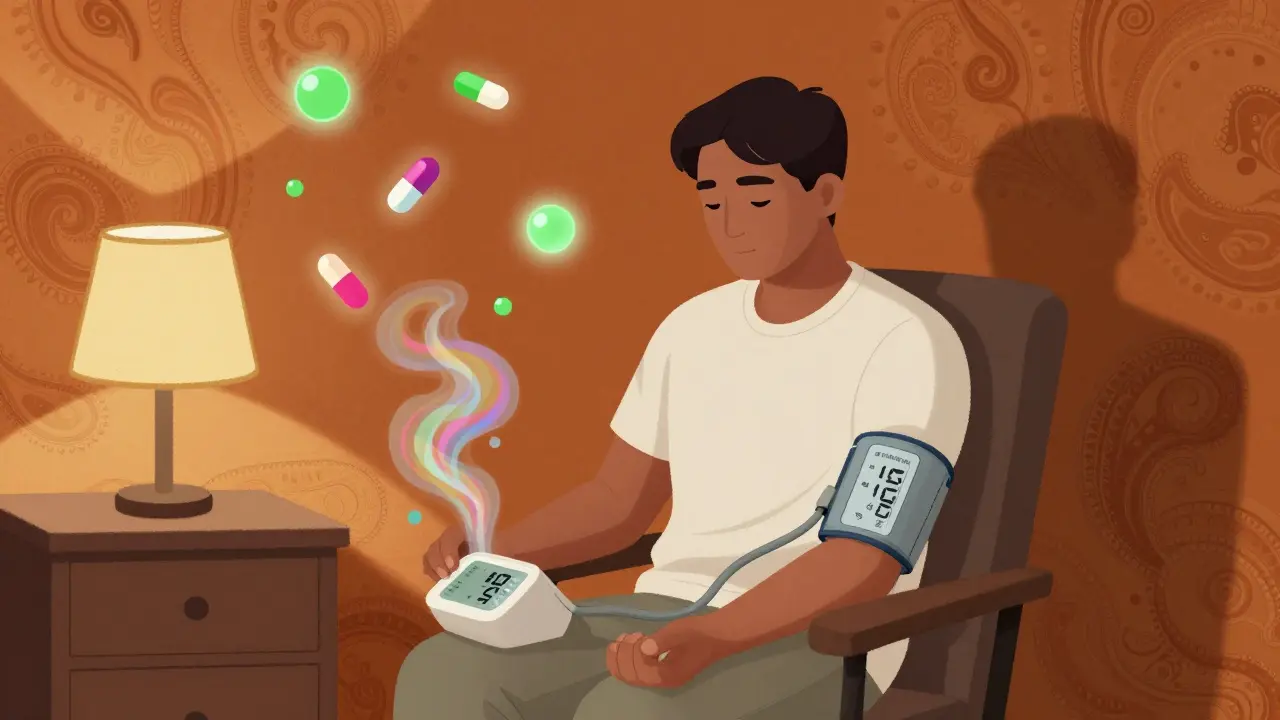 Retro cartoon of person monitoring blood pressure with colorful abstract effects