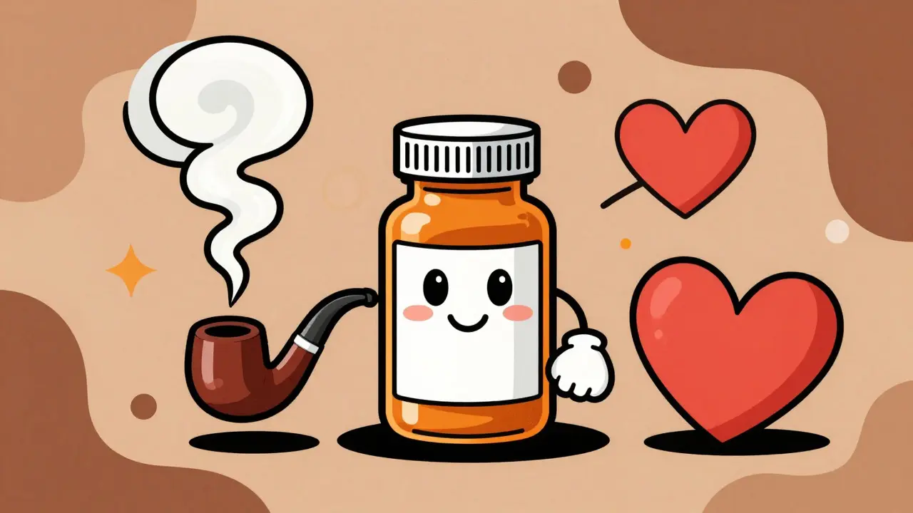 Retro cartoon showing pills interacting with smoke and heart symbols to depict drug metabolism factors.