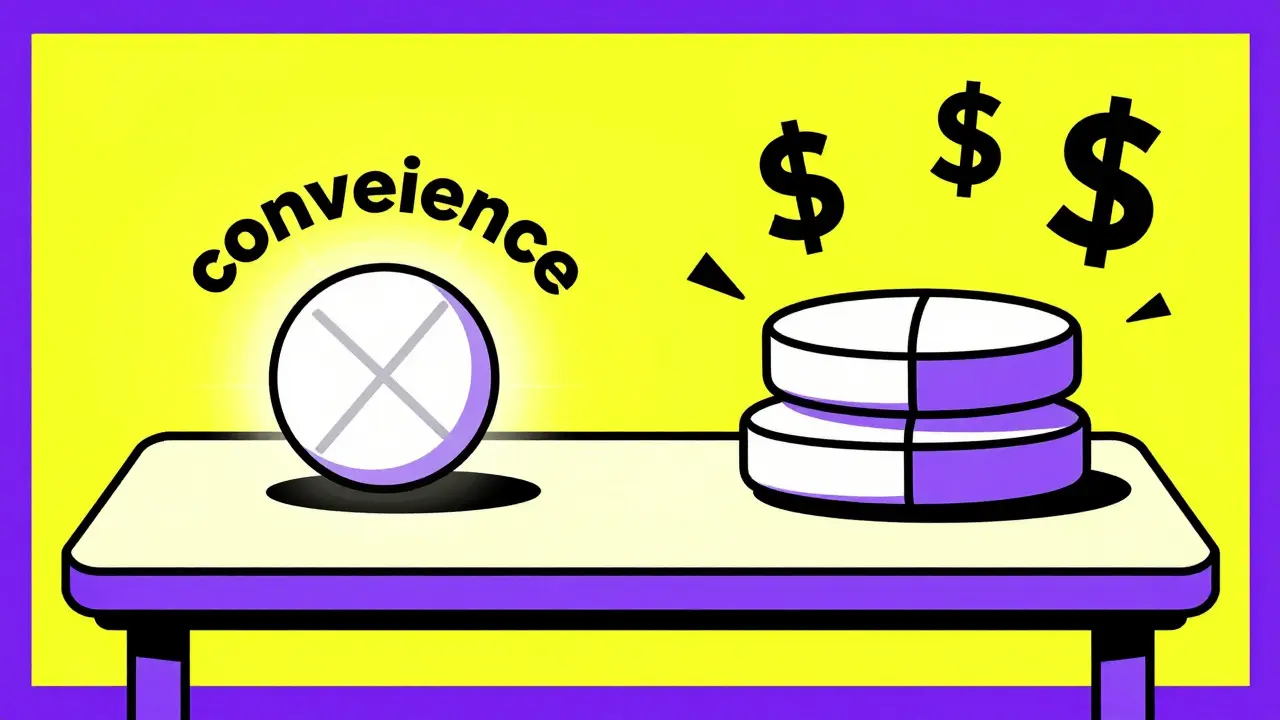 Retro-style graphic comparing the cost of one combination pill versus two separate generic pills.
