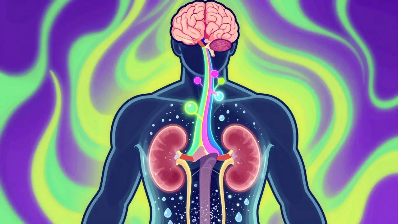 Stylized body showing serotonin affecting kidneys and water retention