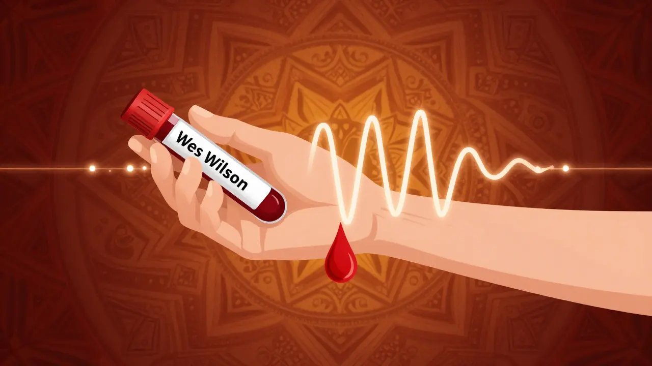 Stylized illustration of a blood drop turning into waves against a psychedelic geometric background.