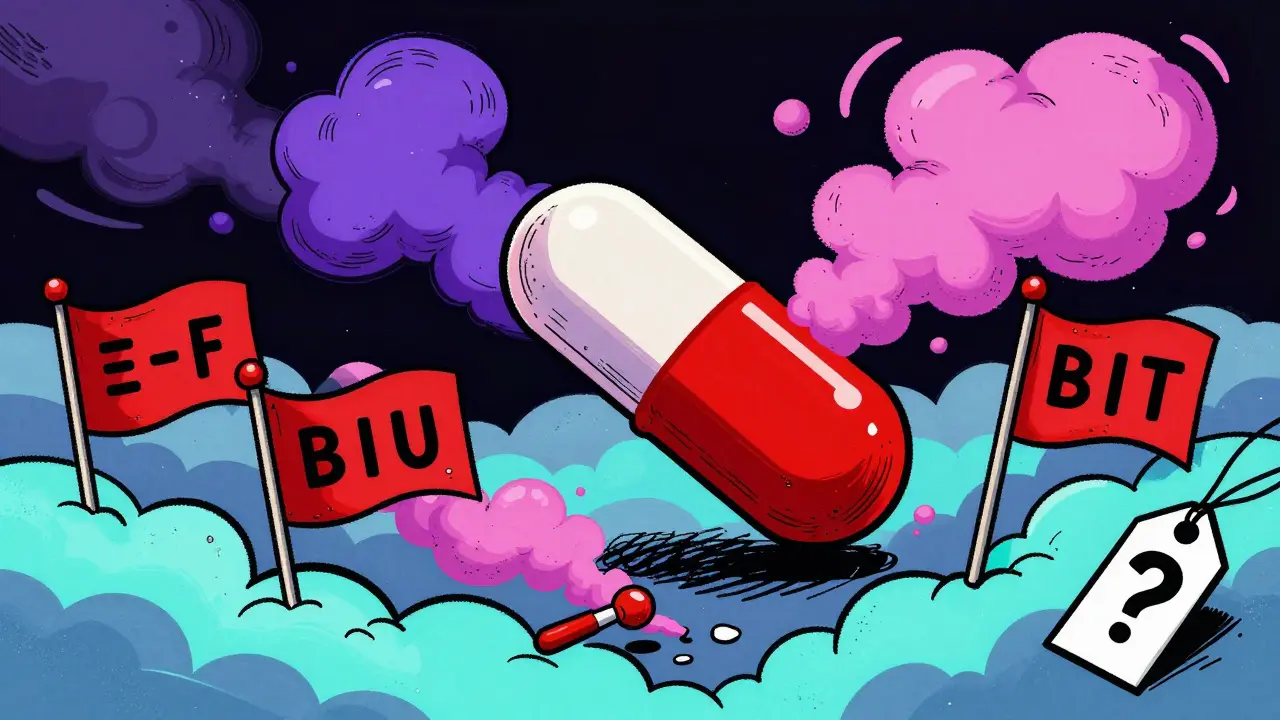 Surreal illustration of fake drug warning signs, Wes Wilson style