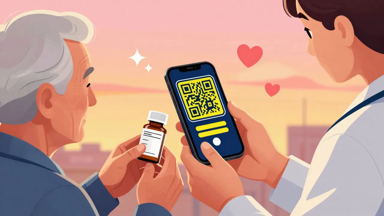 Technician helps elderly patient scan high-contrast QR code