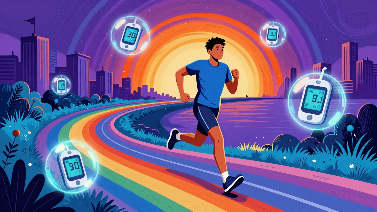 Vibrant cartoon of a runner with glowing data orbs symbolizing smart diabetes tech