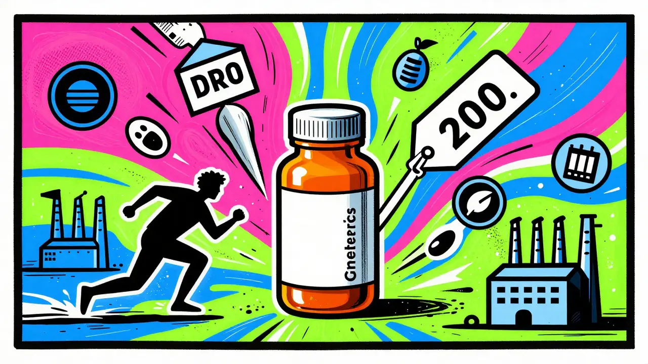 Vibrant cartoon showing how market competition drives down the price of generic medications.