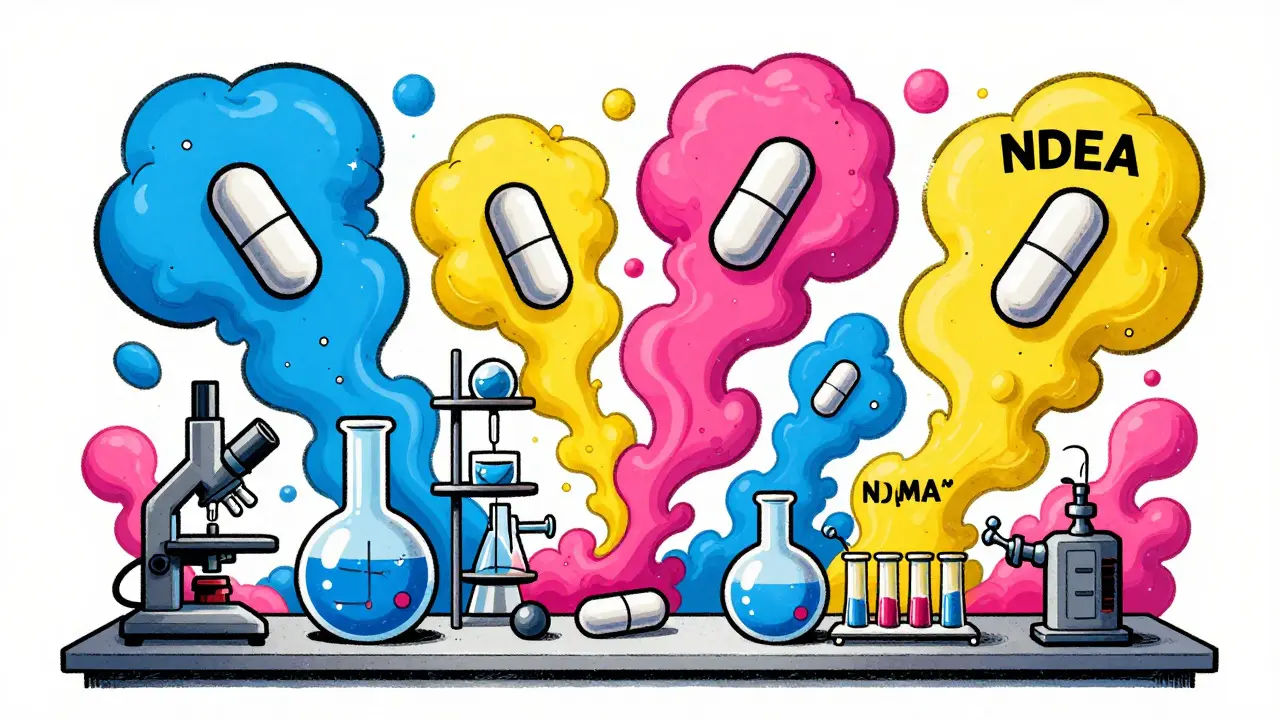 Colorful swirling vapors surrounding pills in a lab setting