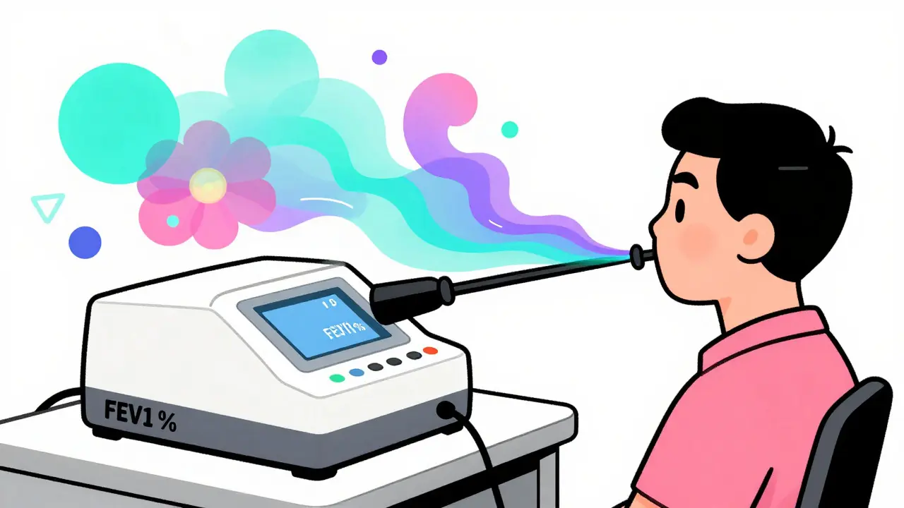 Patient using spirometer with colorful swirling air streams and data motifs