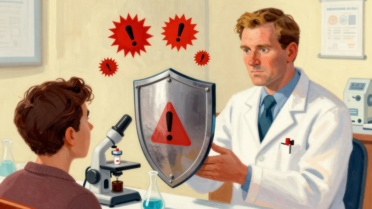 Pharmacist shielding a patient with a science-based shield