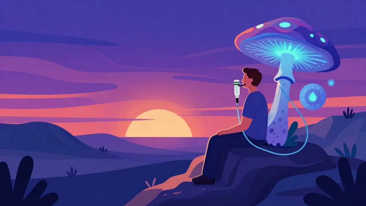 Serene figure with artistic oxygen equipment in a psychedelic sunset landscape